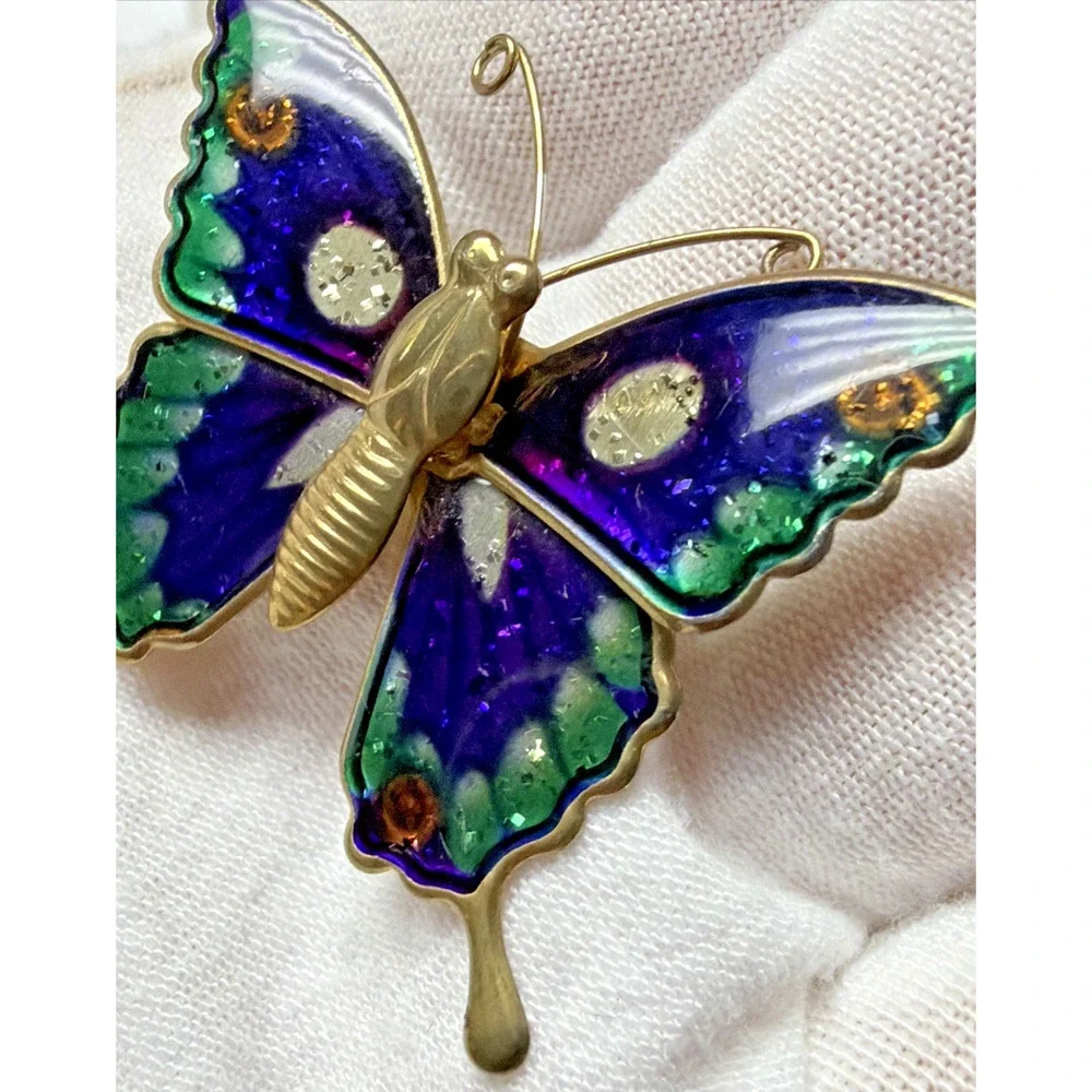Vintage Lot of 2 Enamel Butterfly Brooch Monarch Red Blue Gold